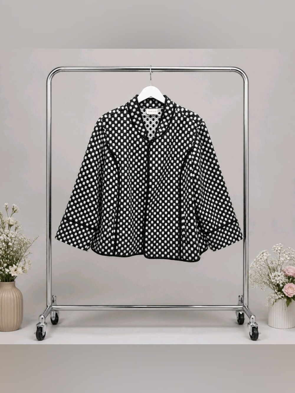 Chico's Black & White Polka Dot Open Front Wool Acrylic Blend Jacket Sz Large